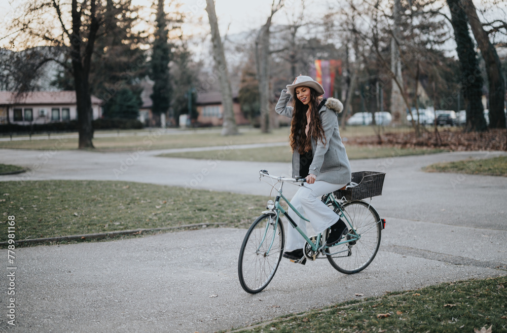 A business lady in casual attire takes a leisurely bicycle ride through a serene park setting.