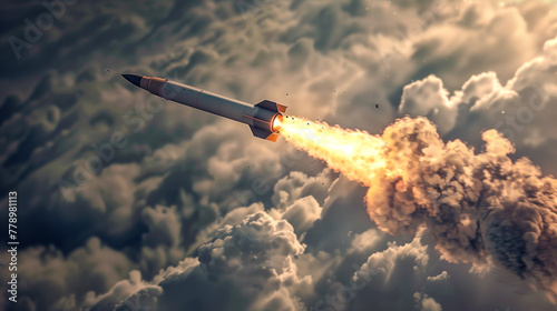 A rocket, a bullet flying at close range, leaving a mass of smoke behind photo