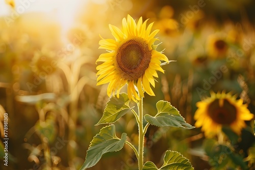 Amidst a sun-drenched field, sunflowers turn their radiant faces towards the afternoon sky