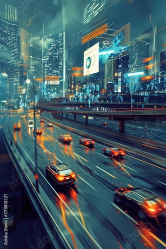 Realistic view of a dystopian highway, with autonomous vehicles speeding past digital advertisements