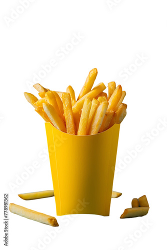 French fries in yellow paper cup, against white background