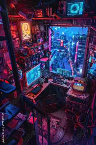 Detailed and atmospheric cyberpunk apartment, cluttered with retro-tech and overlooking a neon abyss