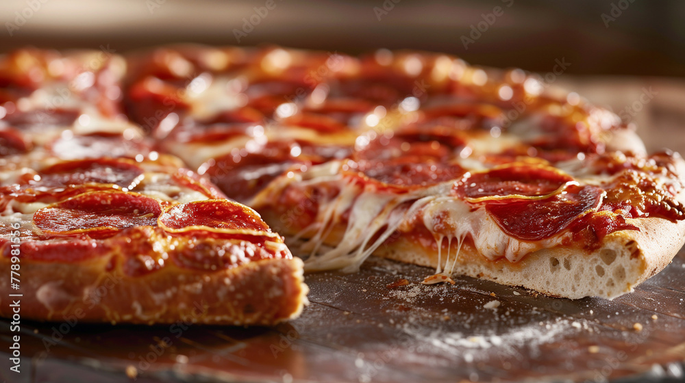 Pepperoni pizza with melted mozzarella on a stone surface, slice pulled for stringy cheese effect.
Pepperoni pizza with melted mozzarella on a stone surface, slice pulled for stringy cheese effect.