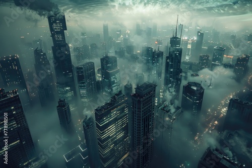 Detailed image of a futuristic biopunk cityscape, where skyscrapers are alive and breathing under a moody sky