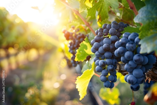 the vineyard basks in the golden glow of twilight, blue grape cluster ripens to a perfect blush photo