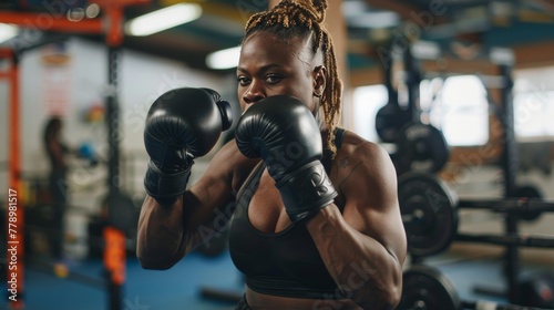 A female boxer training in the gym, portraying dedication and challenging traditional gender roles. photo