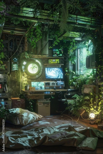 Detailed, moody 3D scene of a biopunk apartment, where technology and nature are fused in domestic life