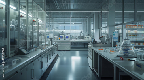 A pharmaceutical formulation development laboratory with formulation scientists' workstations and tablet compression machines, patiently waiting for scientists to develop new drug formulations