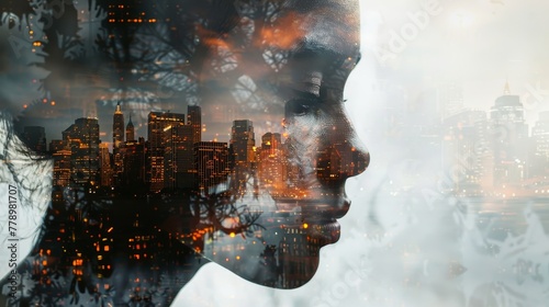 Surreal double exposure portrait with blended cityscape textures for modern photography