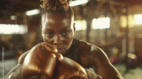 A female boxer training in the gym, portraying dedication and challenging traditional gender roles. photo