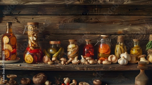 Different types of pickled vegetables and mushrooms are displayed with herbs and spices on a wooden photo