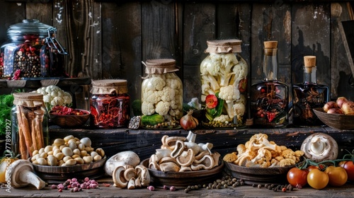 Different types of pickled vegetables and mushrooms are displayed with herbs and spices on a wooden