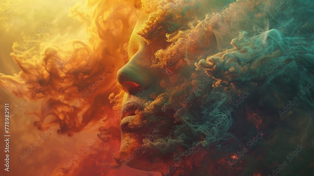 A colorful, abstract painting of a face with smoke and fire surrounding it. The painting has a dreamy, surreal quality to it, with the smoke and fire giving it a sense of movement and energy A colorful, abstract painting of a face with smoke and fire surrounding it. The painting has a dreamy, surreal quality to it, with the smoke and fire giving it a sense of movement and energy