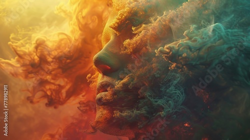 A colorful, abstract painting of a face with smoke and fire surrounding it. The painting has a dreamy, surreal quality to it, with the smoke and fire giving it a sense of movement and energy