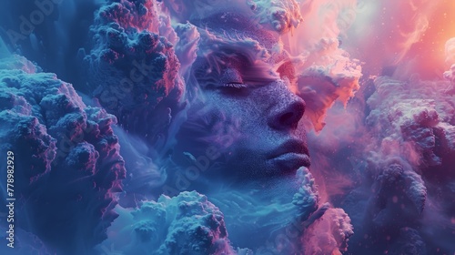 A face is shown in the sky with clouds. The face is made of small dots and is surrounded by a blue and purple sky. Scene is dreamy and surreal #778982929