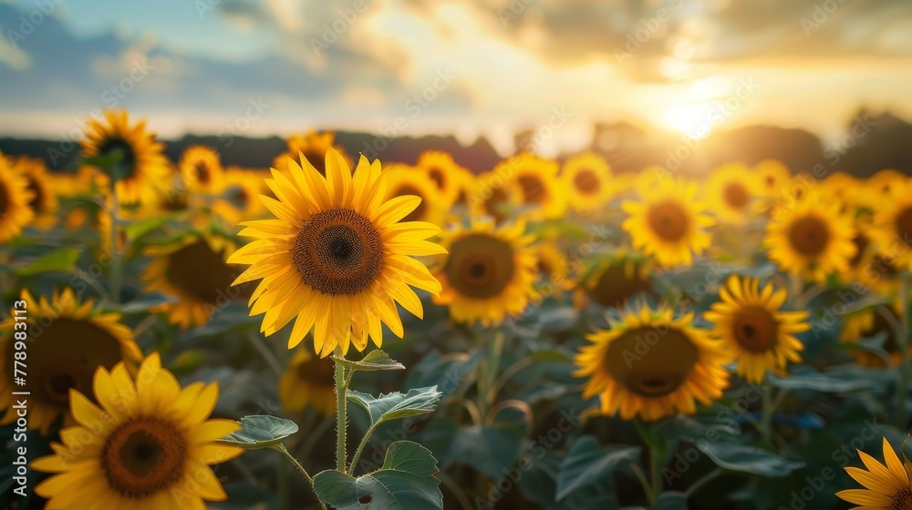 A field of sunflowers with a single sunflower in the foreground. The sunflower is surrounded by many other sunflowers, creating a beautiful and vibrant scene. The sun is setting in the background