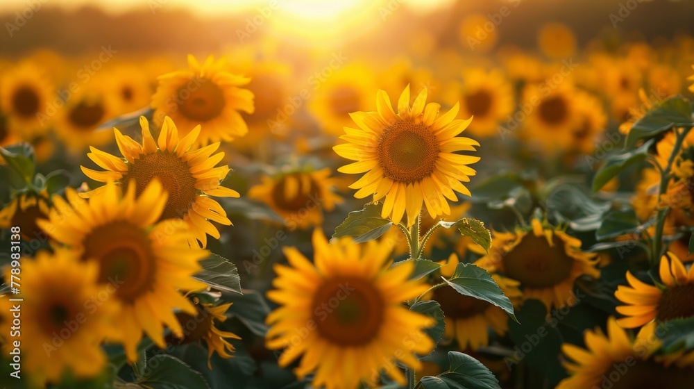 Obraz premium A field of sunflowers with a bright yellow sun in the background. The sunflowers are in full bloom and are scattered throughout the field. Concept of warmth and happiness