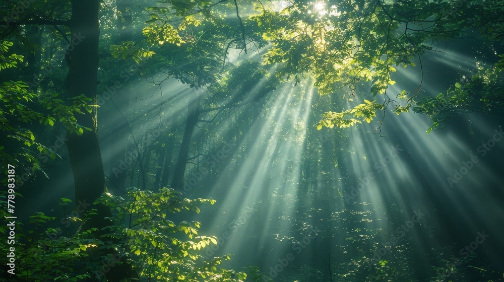 The sun is shining through the trees, creating a beautiful and peaceful atmosphere. The light is casting shadows on the ground, adding depth and dimension to the scene. The forest is lush and green