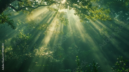 The sun is shining through the leaves of a tree  creating a beautiful and peaceful scene. The light is casting a warm glow on the forest floor  making it feel like a magical and serene place