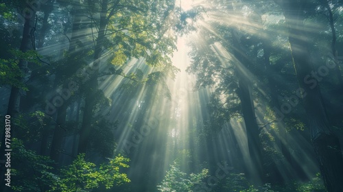 The sun is shining through the trees, creating a warm and inviting atmosphere. The light is filtering through the leaves, casting a soft glow on the forest floor. The scene is peaceful and serene