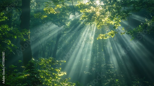 The sun is shining through the trees, creating a beautiful and peaceful atmosphere. The light is casting shadows on the ground, adding depth and dimension to the scene. The forest is lush and green photo