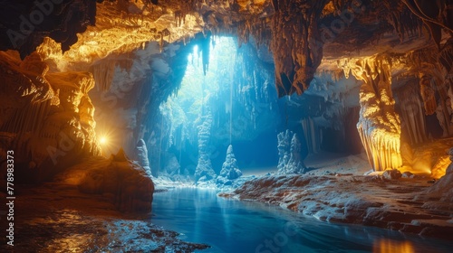 A cave with a river running through it. The cave is illuminated with a warm yellow light