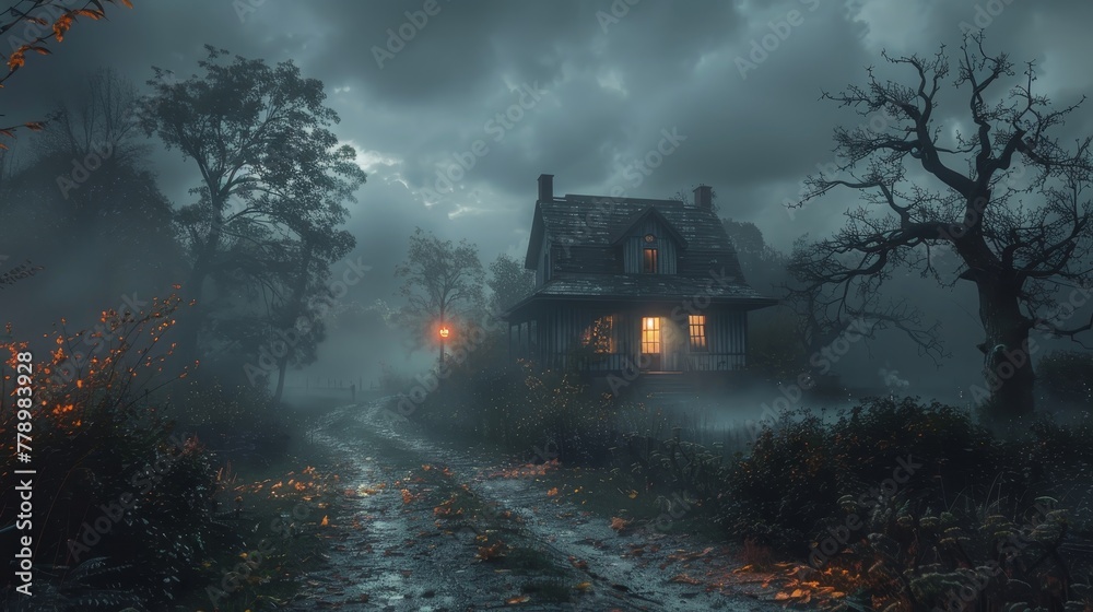 A house is shown in a dark, stormy forest. The house is old and has a ...