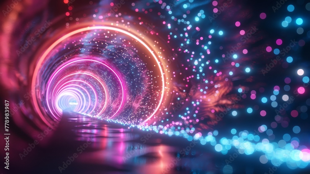 A tunnel with a bright neon glow. The tunnel is filled with colorful lights and the walls are covered in a pattern of dots. The tunnel appears to be a futuristic, otherworldly space A tunnel with a bright neon glow. The tunnel is filled with colorful lights and the walls are covered in a pattern of dots. The tunnel appears to be a futuristic, otherworldly space