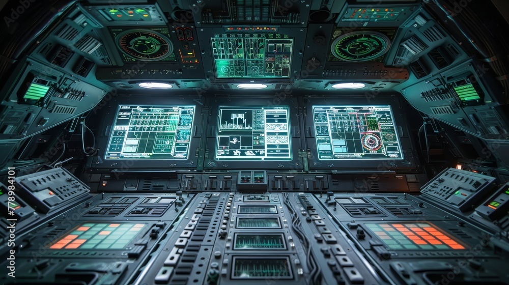 The cockpit of a spaceship is lit up with green and blue lights. The screens are displaying various information and the controls are ready for use. Scene is futuristic and technological