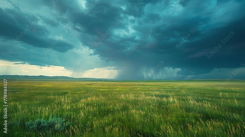A field of grass with a storm in the distance. The sky is dark and cloudy, and the storm is approaching