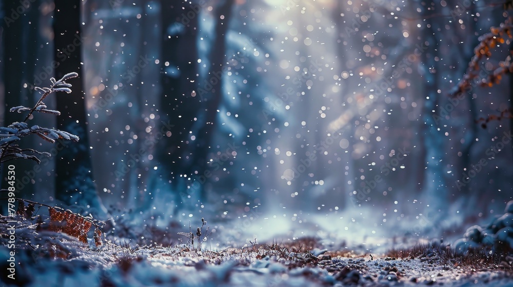 A snowy forest with snowflakes falling from the sky. The snow is covering the ground and trees, creating a peaceful and serene atmosphere