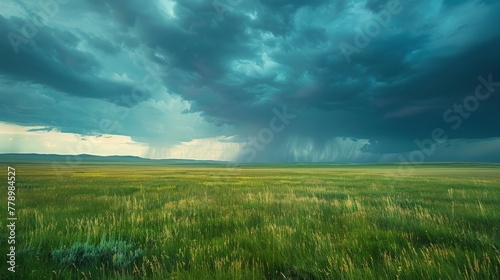 A field of grass with a storm in the distance. The sky is dark and cloudy, and the storm is approaching
