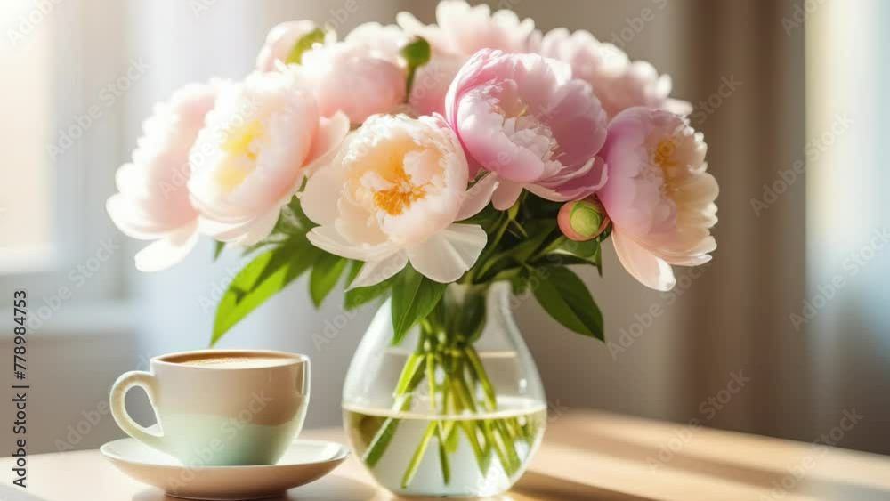 White and light pink peonies bouquet in vase glass with mug cup of coffee latte cappuccino sun light window modern interrior bokeh spring White and light pink peonies bouquet in vase glass with mug cup of coffee latte cappuccino sun light window modern interrior bokeh spring