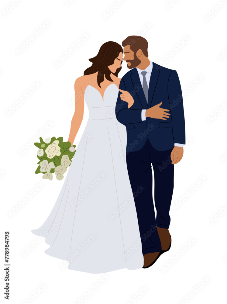Happy Wedding couple with bouquet. Bride and groom in formal clothes on wedding day, marriage ceremony. Just married love couple, newlyweds. Realistic vector illustration on transparent background.