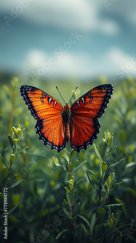 Orange butterfly on the background of a green field and a blurred sky. Copy space. High quality photo