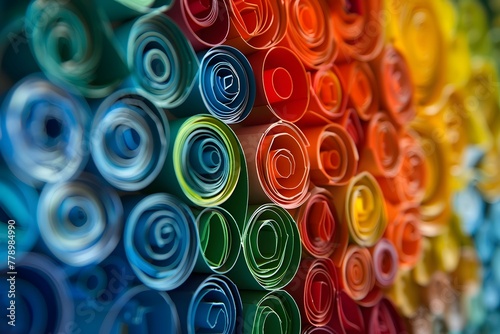 Close up of colorful quilled paper rolls on wall. Generative AI photo