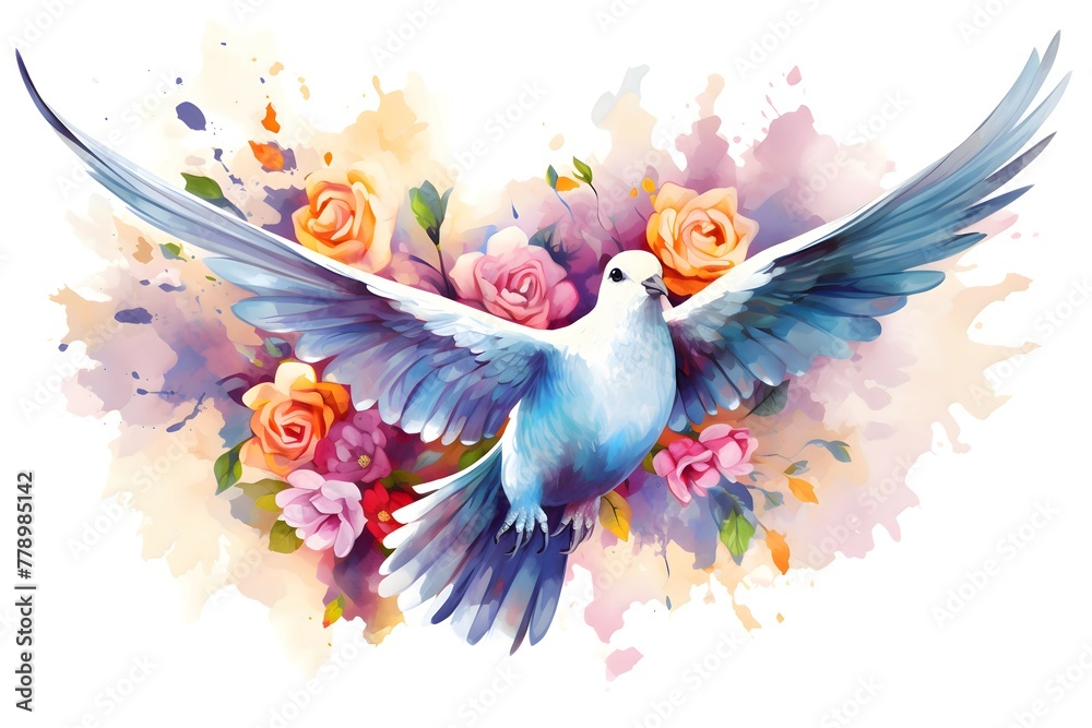 White dove in flowers in watercolor style. International Day of Peace