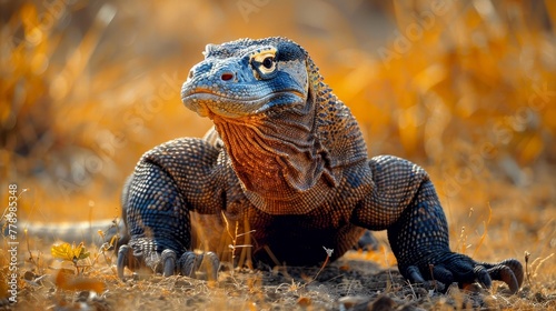Komodo dragon with detailed skin texture on rinca island, realistic colors in dry savannah setting photo