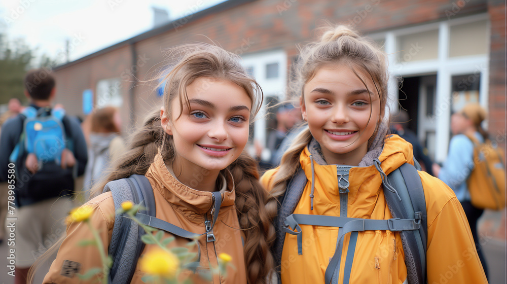 Two girls wearing yellow jackets and backpacks are smiling for the camera. They are surrounded by other people, some of whom are also wearing backpacks