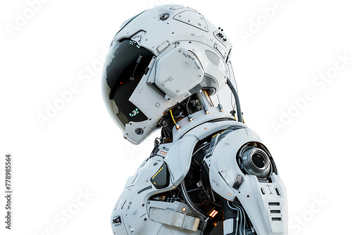 A robot with humanlike facial features, wearing white armor and hightech equipment on its body. Isolated against a pure white background © Zain