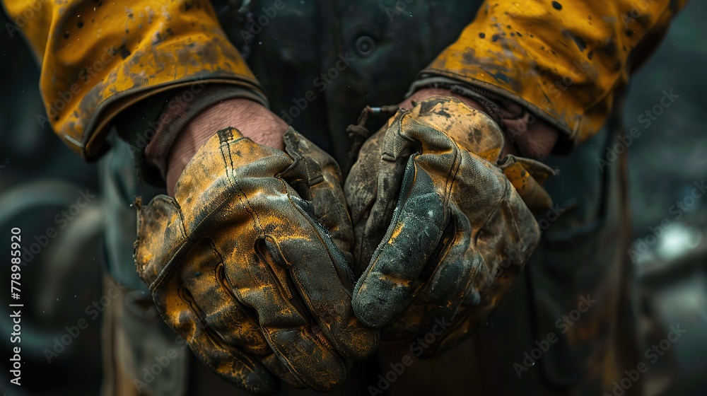 Hands of a working man putting on work gloves. realistic. copy space for text. Hands of a working man putting on work gloves. realistic. copy space for text.