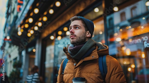 Handsome man drink coffee at city. copy space for text.