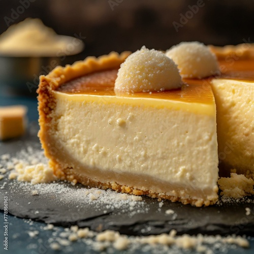 cheese and crackers, a slice of pure decadence with close-up of New York cheesecake, capturing every creamy layer and graham cracker crust in exquisite detail