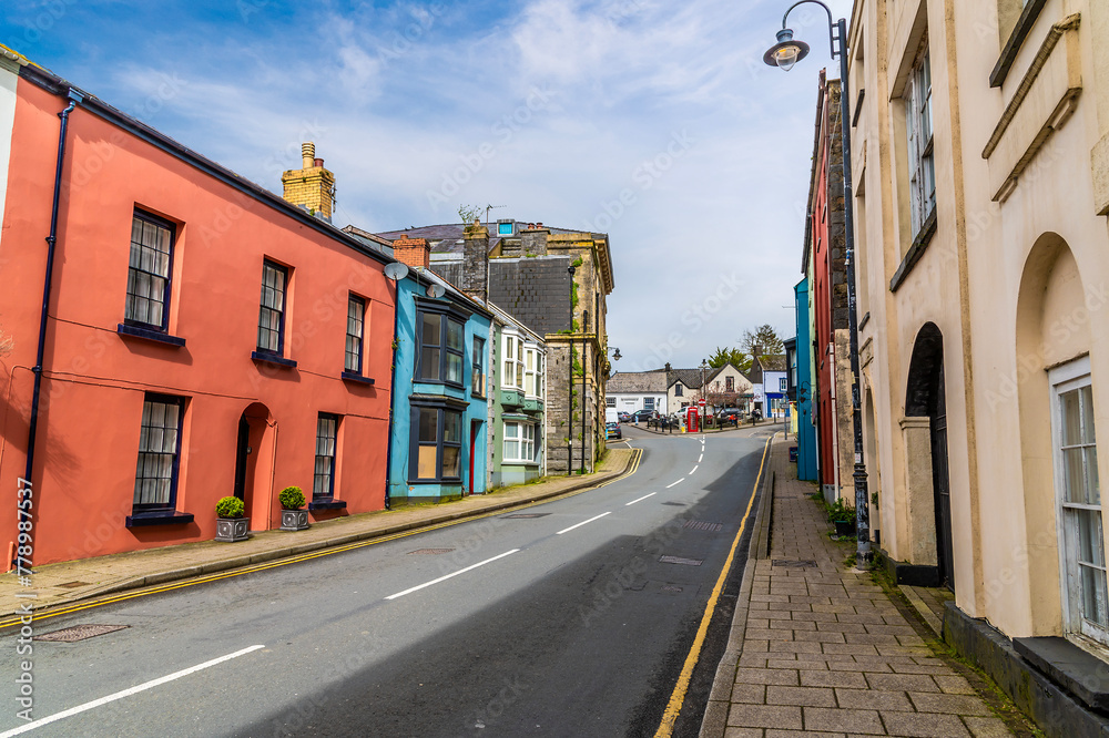 A view past colourful houses towards the town centre in Narberth, Pemborkeshire, Wales in Springtime