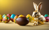 Chocolate Easter eggs and bunny on yellow background