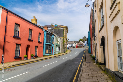 A view past colourful houses towards the town centre in Narberth  Pemborkeshire  Wales in Springtime