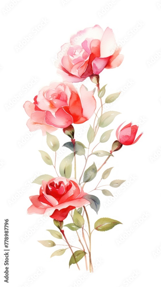 Rose roses watercolor clipart on white background, defined edges floral flower pattern background with copy space for design text or photo backdrop minimalistic 