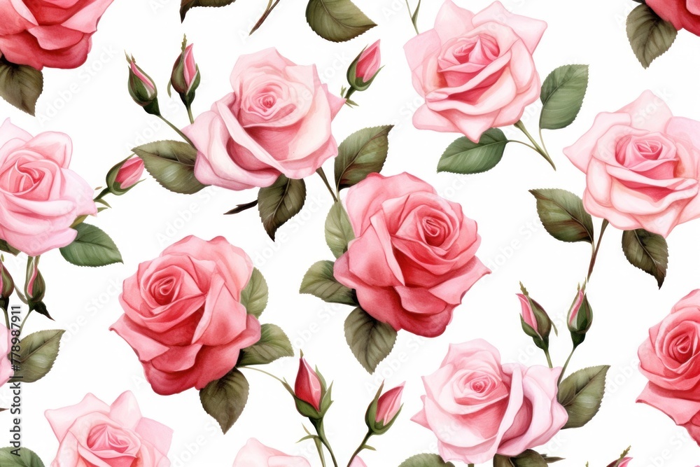 Fototapeta premium Rose roses watercolor clipart on white background, defined edges floral flower pattern background with copy space for design text or photo backdrop minimalistic 