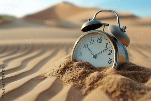 Alarm clock in the sand. Save your time, lost time, the end of times, lifetime. Clock is drowning in the desert. Time is running out, deadline concept.