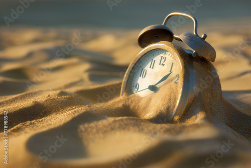 Alarm clock in the sand. Save your time, lost time, the end of times, lifetime. Clock is drowning in the desert. Time is running out, deadline concept.